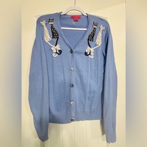 Vintage Bobbie Bell Light Blue Cat Embellished Beaded Cardigan, Large
